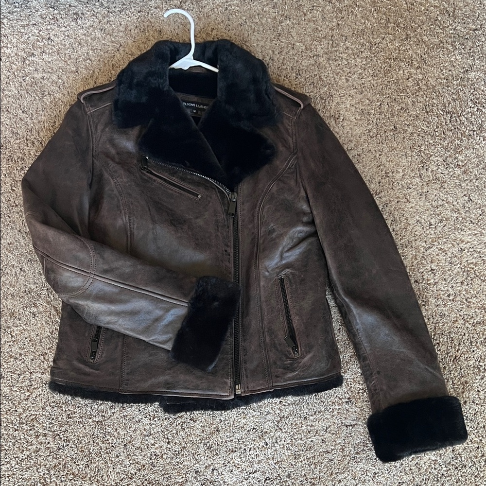 Wilsons Leather Dark Brown Jacket with Black Fur Trim